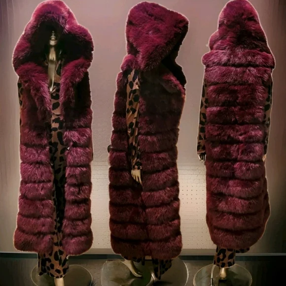 SOLD NWT Luxurious Burgandy Faux Fur Long Hooded Vest Sz M - Picture 1 of 16